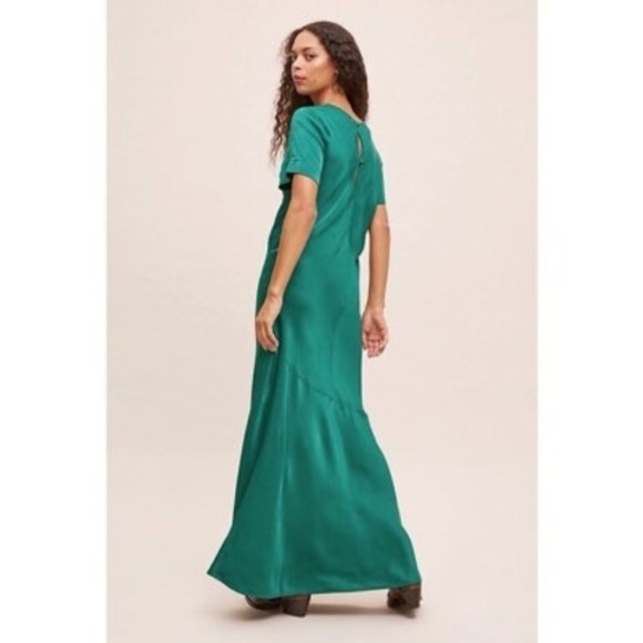Anthropologie Emerald Green Satin Short Sleeve Maxi Dress Keyhole Back Size M - Picture 2 of 8